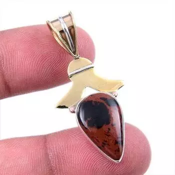 Natural Mahogany Obsidian Gemstone 925 Solid Silver Two Tone Pendant 1.75 A4m10