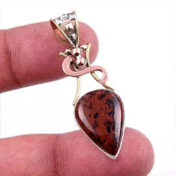 Natural Mahogany Obsidian Gemstone 925 Solid Silver Two Tone Pendant 1.75 E1r21