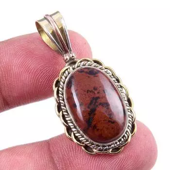 Natural Mahogany Obsidian Gemstone 925 Solid Silver Two Tone Pendant 1.50 w4E13