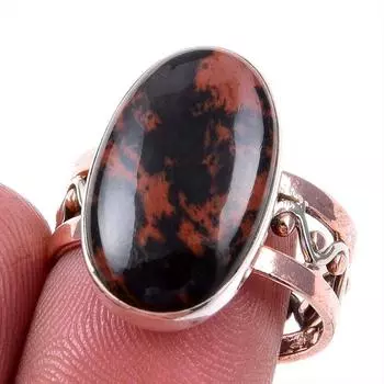 Natural Mahogany Obsidian Gemstone 925 Solid Silver Two Tone Ring Size 9US n2q99