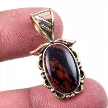Natural Mahogany Obsidian Gemstone 925 Solid Silver Two Tone Pendant 1.25 e5Q21