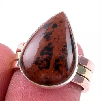 Natural Mahogany Obsidian Gemstone 925 Solid Silver Two Tone Ring S.6.5US j9w73