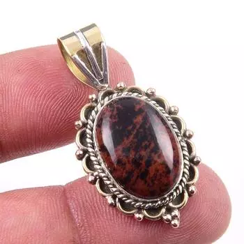 Natural Mahogany Obsidian Gemstone 925 Solid Silver Two Tone Pendant 1.50 q4n89