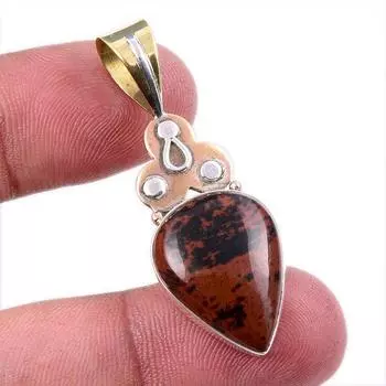 Natural Mahogany Obsidian Gemstone 925 Solid Silver Two Tone Pendant 1.75 e5u95