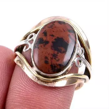 Natural Mahogany Obsidian Gemstone 925 Solid Silver Two Tone Ring S.7.5US y6o39