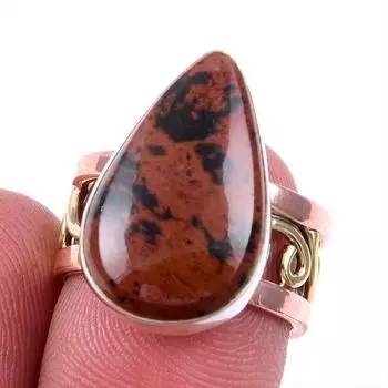 Natural Mahogany Obsidian Gemstone 925 Solid Silver Two Tone Ring Size 6US l6r42