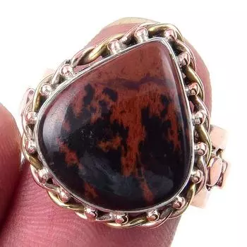 Natural Mahogany Obsidian Gemstone 925 Sterling Silver Two Tone Ring Size 7 m3e51