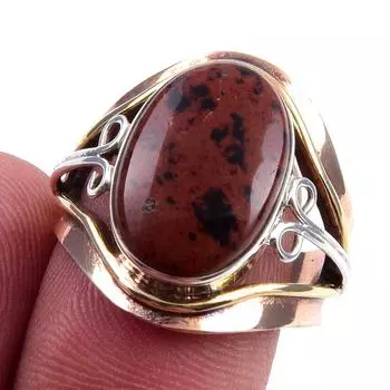 Natural Mahogany Obsidian Gemstone 925 Sterling Silver Two Tone Ring Size 7 D4k50