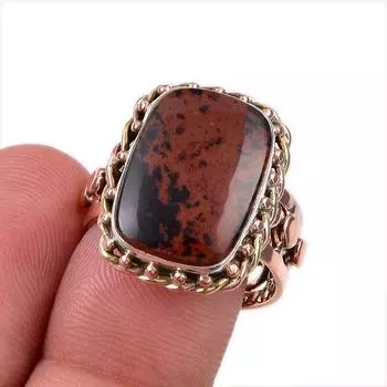 Natural Mahogany Obsidian Gemstone 925 Sterling Silver Two Tone Ring Size 8 I3P65
