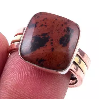 Natural Mahogany Obsidian Gemstone 925 Sterling Silver Two Tone Ring S.8.5 P5z25