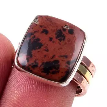Natural Mahogany Obsidian Gemstone 925 Sterling Silver Two Tone Ring Size 7 p2h58