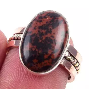 Natural Mahogany Obsidian Gemstone 925 Sterling Silver Two Tone Ring S.6.5 s0u78