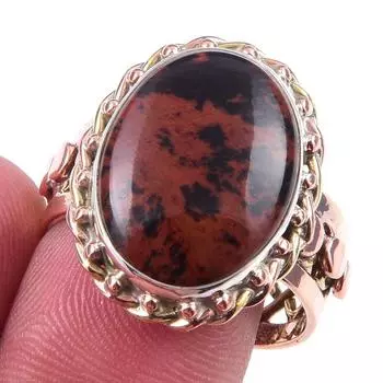 Natural Mahogany Obsidian Gemstone 925 Sterling Silver Two Tone Ring S.9.5 T7r71