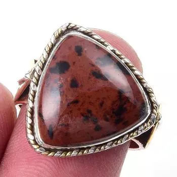 Natural Mahogany Obsidian Gemstone 925 Sterling Silver Two Tone Ring Size 7 w3q97