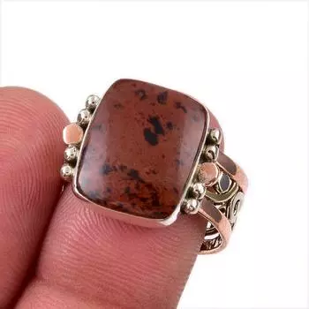 Natural Mahogany Obsidian Gemstone 925 Sterling Silver Two Tone Ring Size 9 v2s09