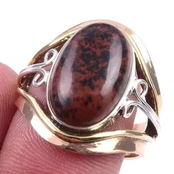 Natural Mahogany Obsidian Gemstone 925 Sterling Silver Two Tone Ring S.6.5 G3p52