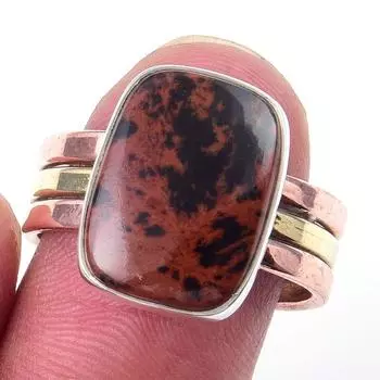 Natural Mahogany Obsidian Gemstone 925 Sterling Silver Two Tone Ring S.8.5 O0P47