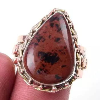 Natural Mahogany Obsidian Gemstone 925 Sterling Silver Two Tone Ring Size 8 D2L69