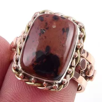Natural Mahogany Obsidian Gemstone 925 Sterling Silver Two Tone Ring Size 7 Q8s93