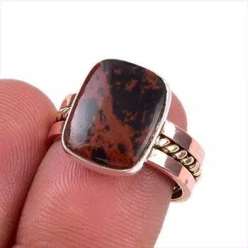 Natural Mahogany Obsidian Gemstone 925 Sterling Silver Two Tone Ring Size 6 v2J64