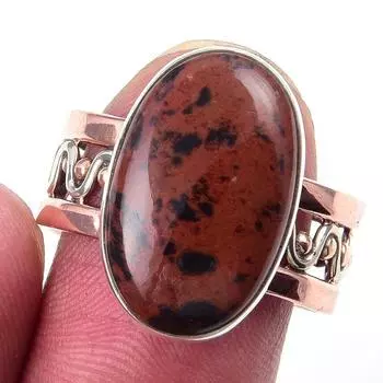 Natural Mahogany Obsidian Gemstone 925 Sterling Silver Two Tone Ring Size 8 P5C13
