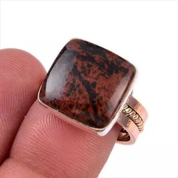 Natural Mahogany Obsidian Gemstone 925 Sterling Silver Two Tone Ring Size 8 u9y02