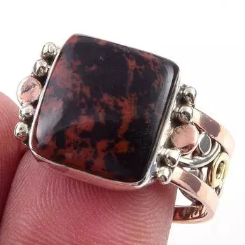 Natural Mahogany Obsidian Gemstone 925 Sterling Silver Two Tone Ring Size 9 d3E25