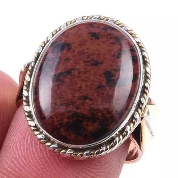 Natural Mahogany Obsidian Gemstone 925 Sterling Silver Two Tone Ring Size 7 E8p34