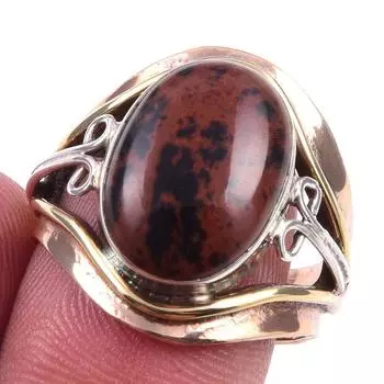 Natural Mahogany Obsidian Gemstone 925 Sterling Silver Two Tone Ring S.7.5 i9f50