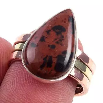 Natural Mahogany Obsidian Gemstone 925 Sterling Silver Two Tone Ring Size 7 V6h93