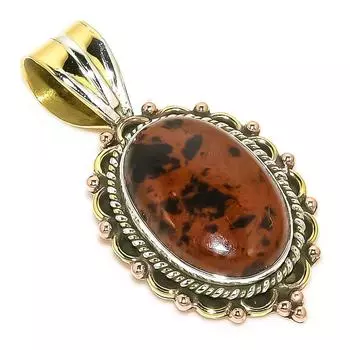 Natural Mahogany Obsidian Two Tone 925 Solid Sterling Silver Pendant 1.50 o0D58