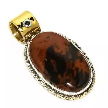 Natural Mahogany Obsidian Two Tone 925 Solid Sterling Silver Pendant 1.25 G7F90