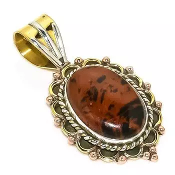 Natural Mahogany Obsidian Two Tone 925 Solid Sterling Silver Pendant 1.50 g5W91