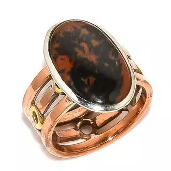 Natural Mahogany Obsidian Two Tone 925 Solid Sterling Silver Gift Ring S.8 G3r20