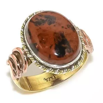 Natural Mahogany Obsidian Two Tone 925 Solid Sterling Silver Gift Ring S.8 S7B18
