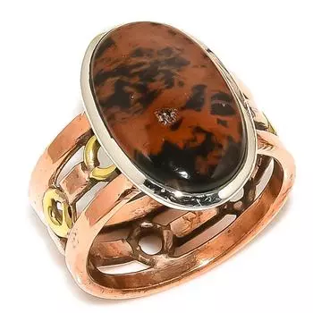 Natural Mahogany Obsidian Two Tone 925 Sterling Silver Jewelry Ring S.8.5 D5i38