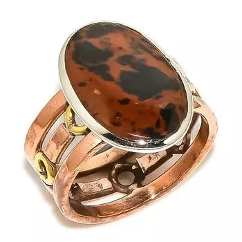 Natural Mahogany Obsidian Two Tone 925 Sterling Silver Jewelry Ring S.8.5 h1T04