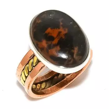 Natural Mahogany Obsidian Two Tone 925 Sterling Silver Jewelry Ring S.6.5 I0h59