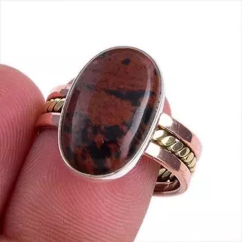 Natural Mahogany Red Obsidian Gemstone 925 Solid Silver Two Tone Ring S.8.5 b6m96