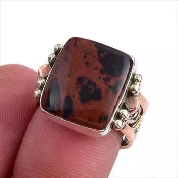 Natural Mahogany Red Obsidian Gemstone 925 Solid Silver Two Tone Ring S.6.5 q6C49