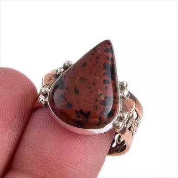 Natural Mahogany Red Obsidian Gemstone 925 Solid Silver Two Tone Ring S.8.5 s6Y07