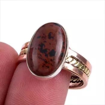 Natural Mahogany Red Obsidian Gemstone 925 Solid Silver Two Tone Ring S.9.5 i2w57