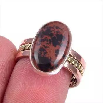 Natural Mahogany Red Obsidian Gemstone 925 Solid Silver Two Tone Ring S.7.5 T2p22