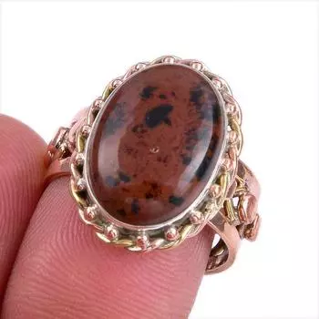 Natural Mahogany Red Obsidian Gemstone 925 Solid Silver Two Tone Ring S.7.5 g2k86
