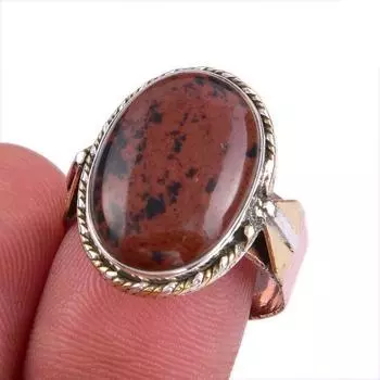 Natural Mahogany Red Obsidian Gemstone 925 Solid Silver Two Tone Ring S.8.5 b8u52