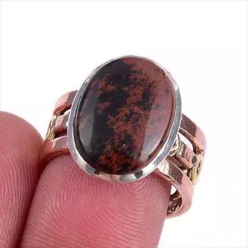 Natural Mahogany Red Obsidian Gemstone TwoTone 925 Sterling Silver Ring S.7 T7L19