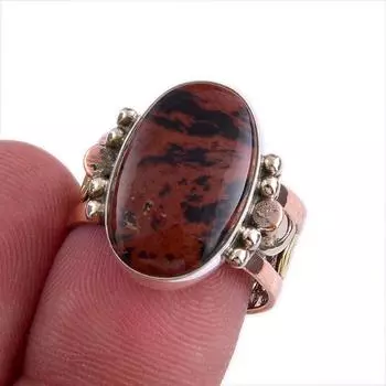Natural Mahogany Red Obsidian Gemstone TwoTone 925 Sterling Silver Ring S.7 U2g48