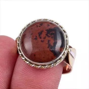 Natural Mahogany Red Obsidian Gemstone TwoTone 925 Sterling Silver Ring S.9 m1r42