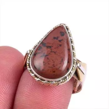 Natural Mahogany Red Obsidian Gemstone TwoTone 925 Sterling Silver Ring S.8 A7C30