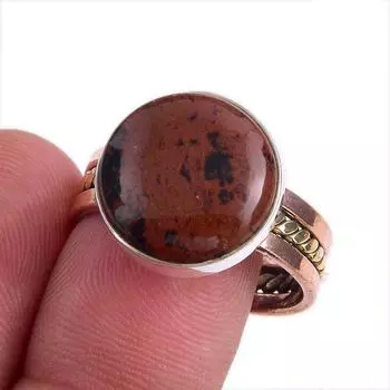 Natural Mahogany Red Obsidian TwoTone 925 Sterling Silver Jewelry Ring S.10 U2o62